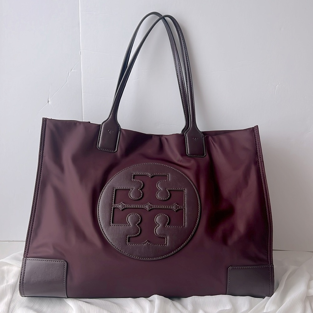Tory Burch large Canvas Ella Tote burgundy Port color